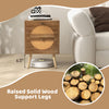Rattan nightstand with two drawers, solid wood legs, and bohemian style, perfect for bedrooms or living rooms.