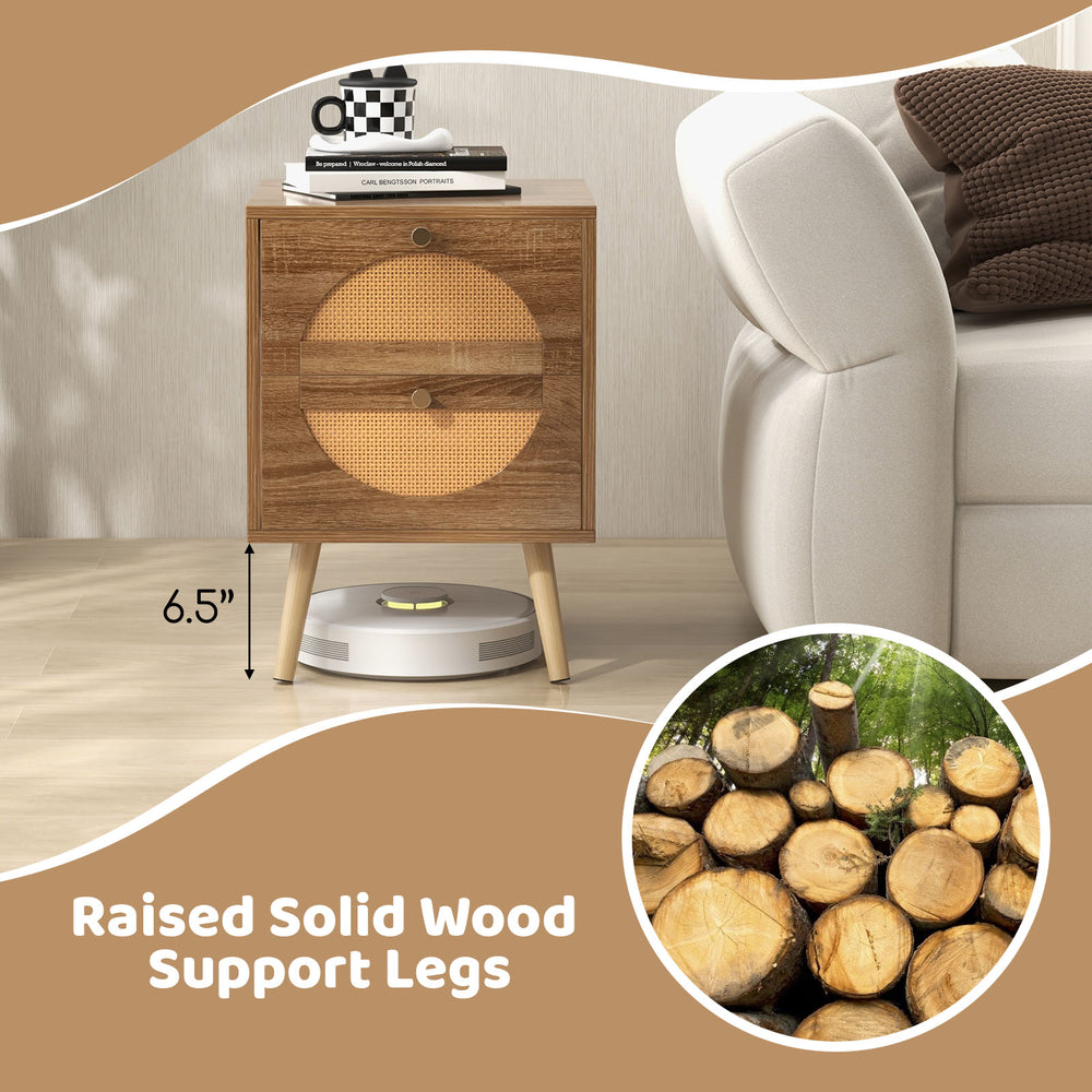 Rattan nightstand with two drawers, solid wood legs, and bohemian style, perfect for bedrooms or living rooms.