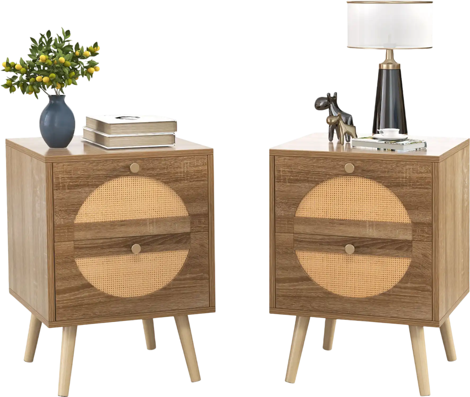 Costway Set of 2 Rattan Nightstands w/ 2 Drawers Solid Wood Legs 47392851 New