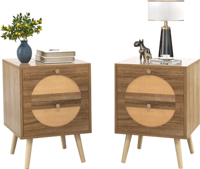 Costway Set of 2 Rattan Nightstands w/ 2 Drawers Solid Wood Legs 47392851 New