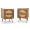 Set of 2 rattan nightstands with solid wood legs, featuring 2 drawers and a charming bohemian design for versatile use.