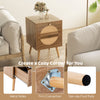 Rattan nightstand with two drawers, solid wood legs, and non-slip foot pads, perfect for cozy bedroom corners.