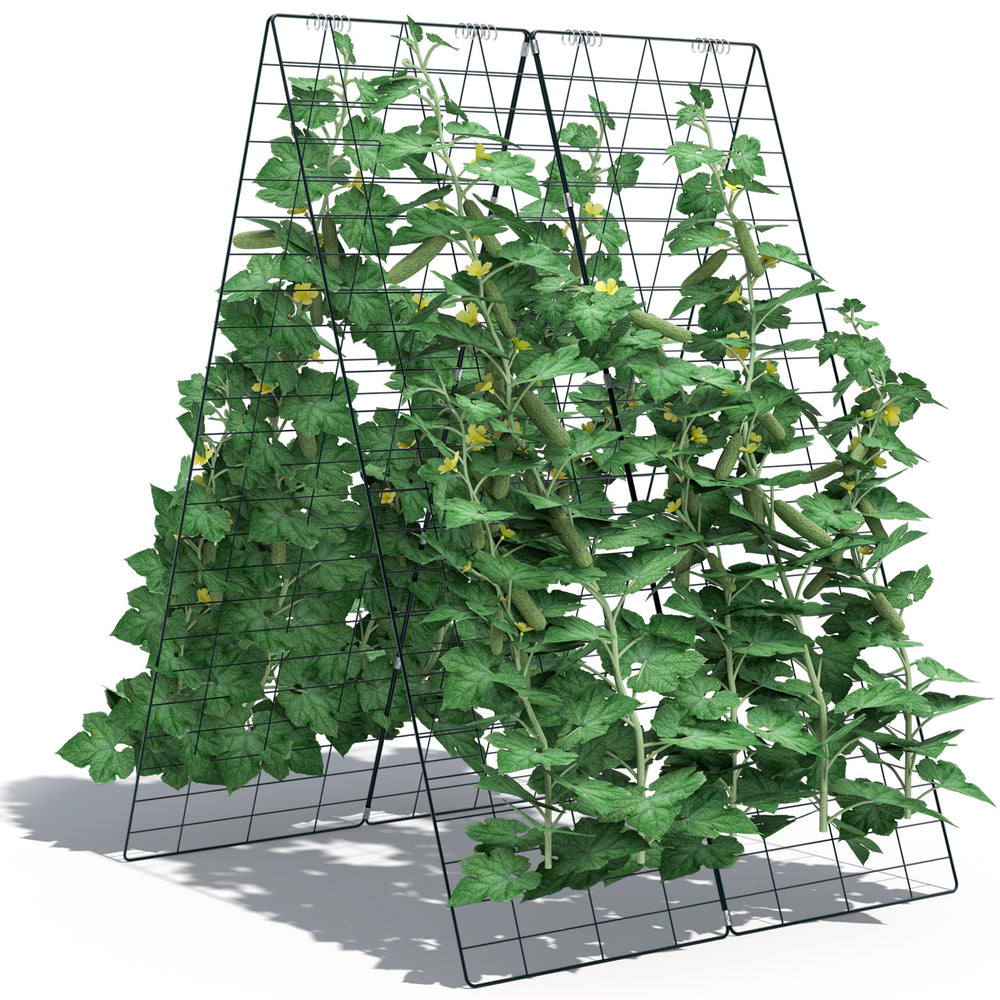Foldable A-frame trellis plant supports in green, ideal for climbing plants, featuring a sturdy steel frame and large.