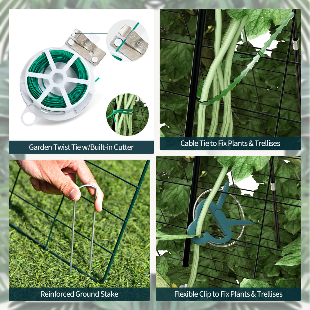 Foldable A-frame trellis plant supports in green with twist ties, clips, and ground stakes for stable plant growth.