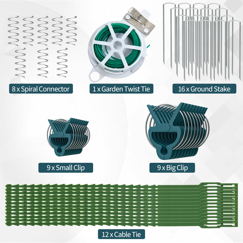 Foldable A-frame trellis plant supports in green with clips, stakes, and twist ties for stable plant growth.