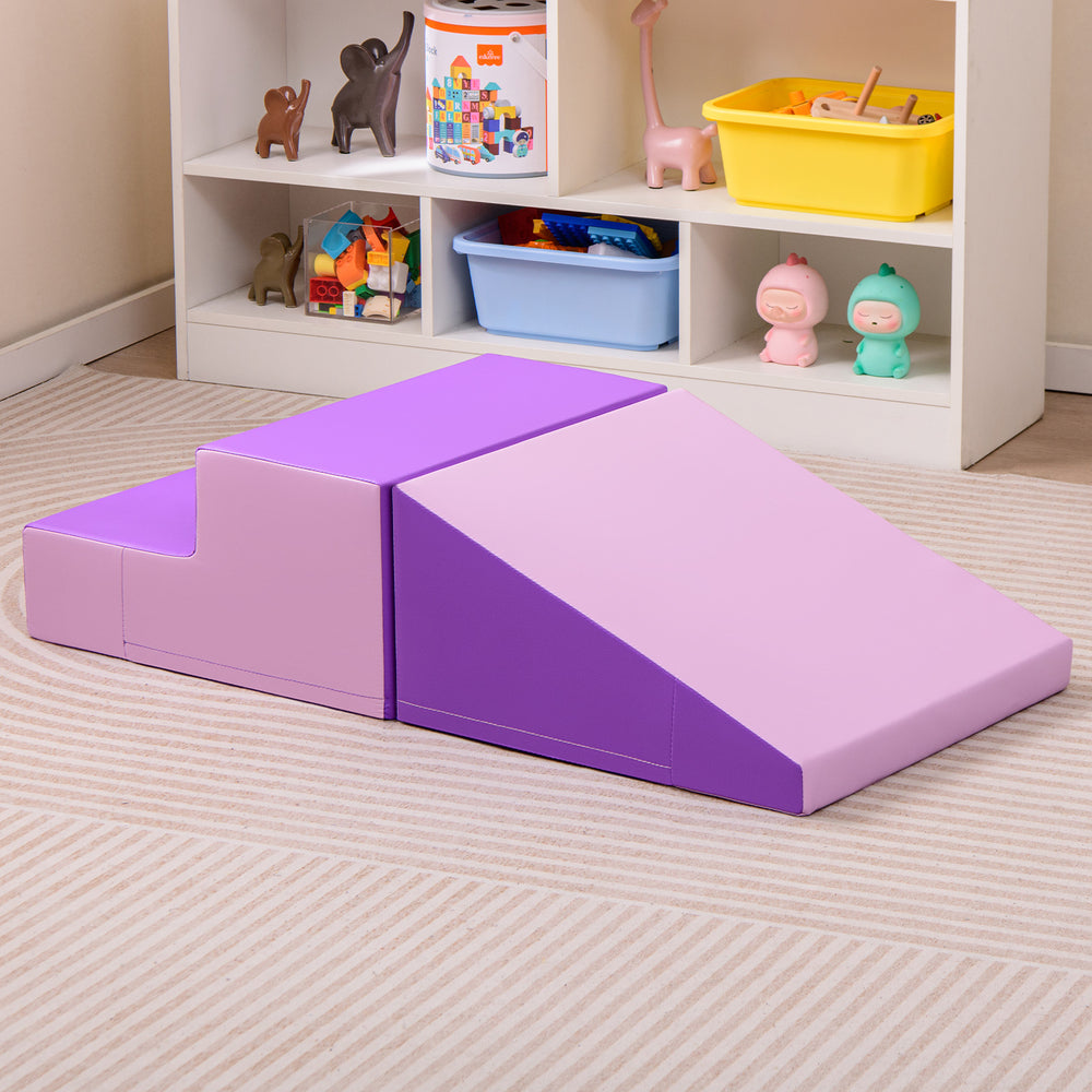 Purple 2-piece step and slide climber set for infants, made of soft foam, promoting motor skills and body coordination.