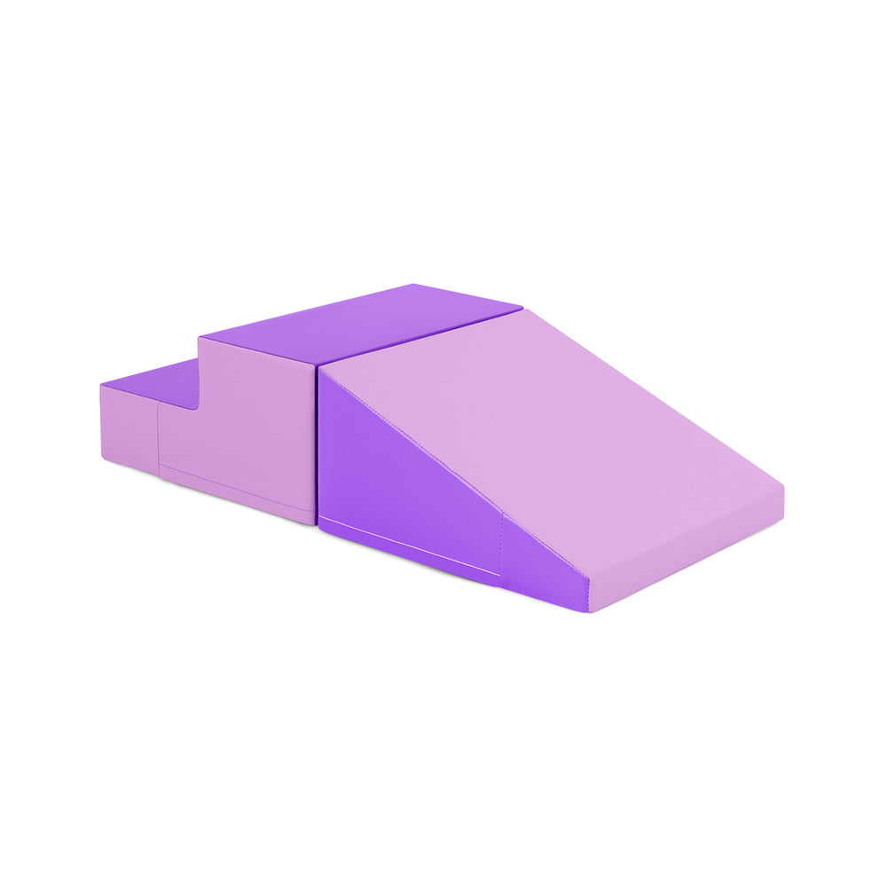 Purple 2-piece step and slide climber soft play set for infants, featuring high-density foam and waterproof cover.