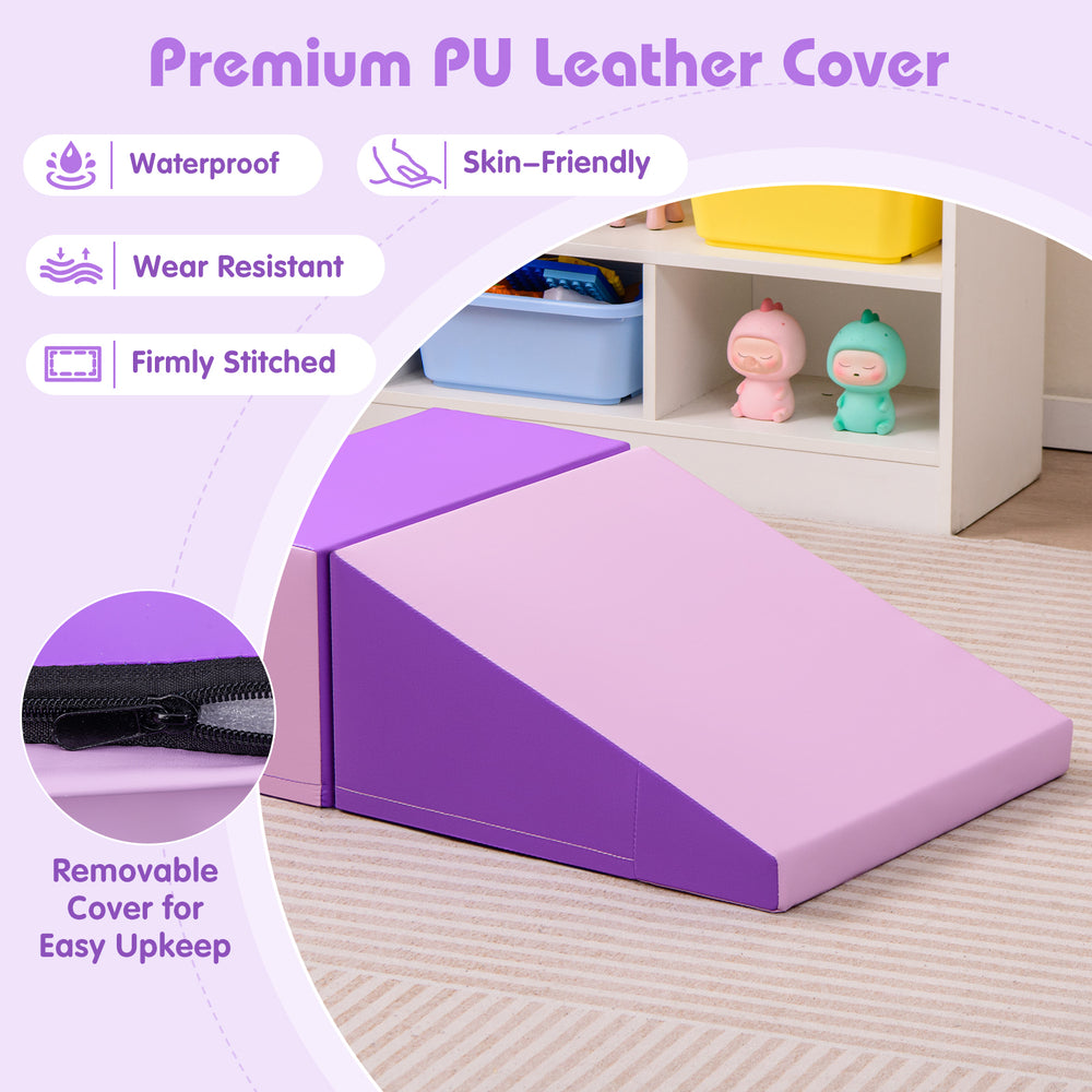 Purple 2-piece step and slide climber set with waterproof PU leather cover, designed for infants and toddlers' play.
