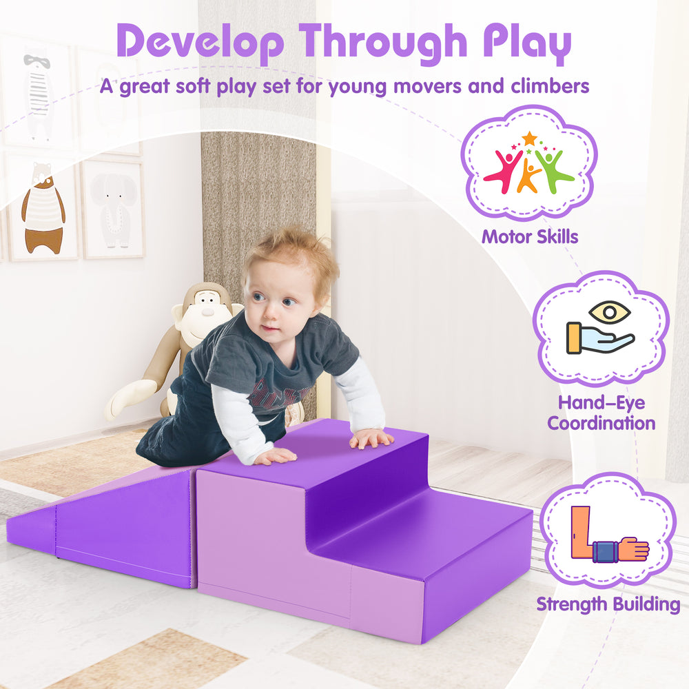 Purple 2-piece step and slide climber soft play set for infants, promoting motor skills and hand-eye coordination.