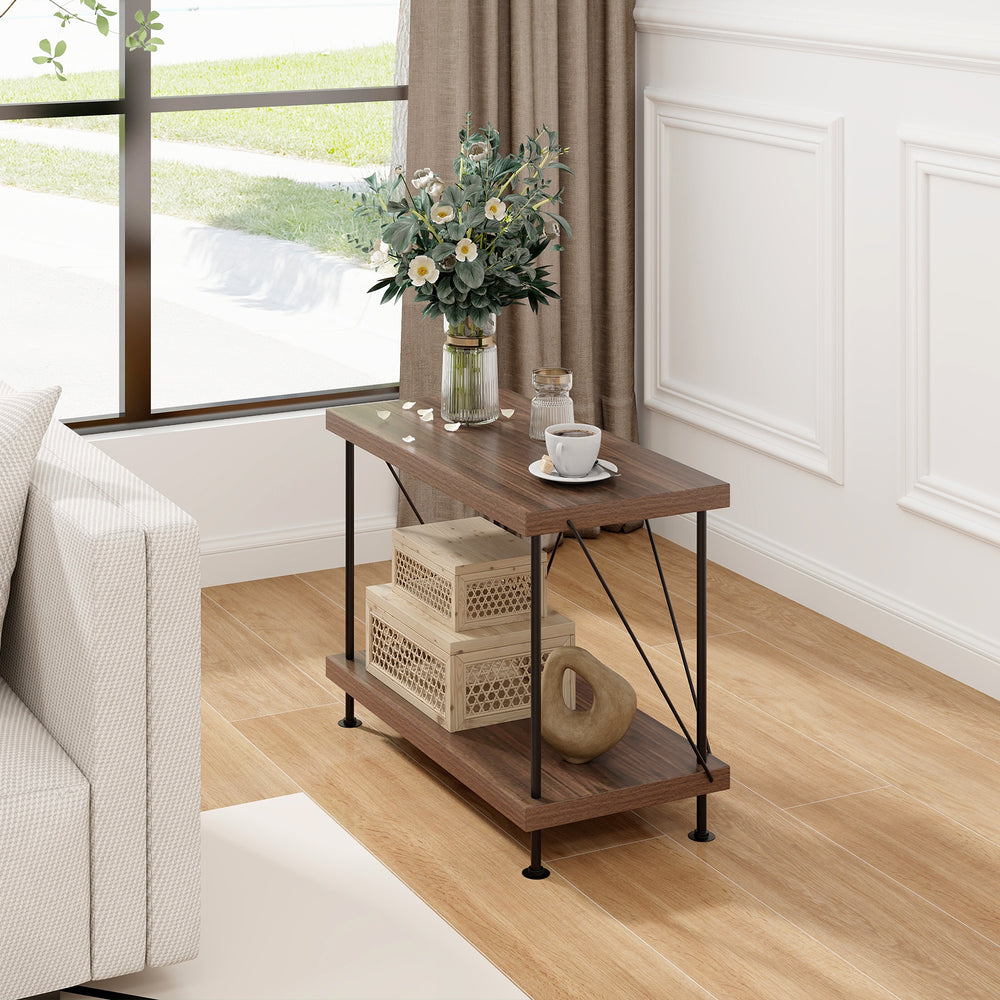 2-tier multipurpose display rack with metal frame, featuring vintage design, suitable for living room or home office.