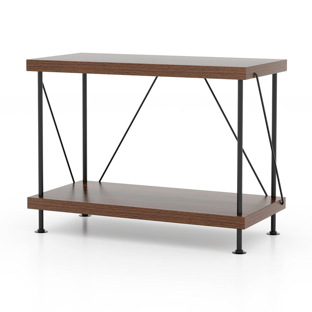 2-tier multipurpose display rack with a metal frame and wooden shelves, ideal for books and ornaments in any room.
