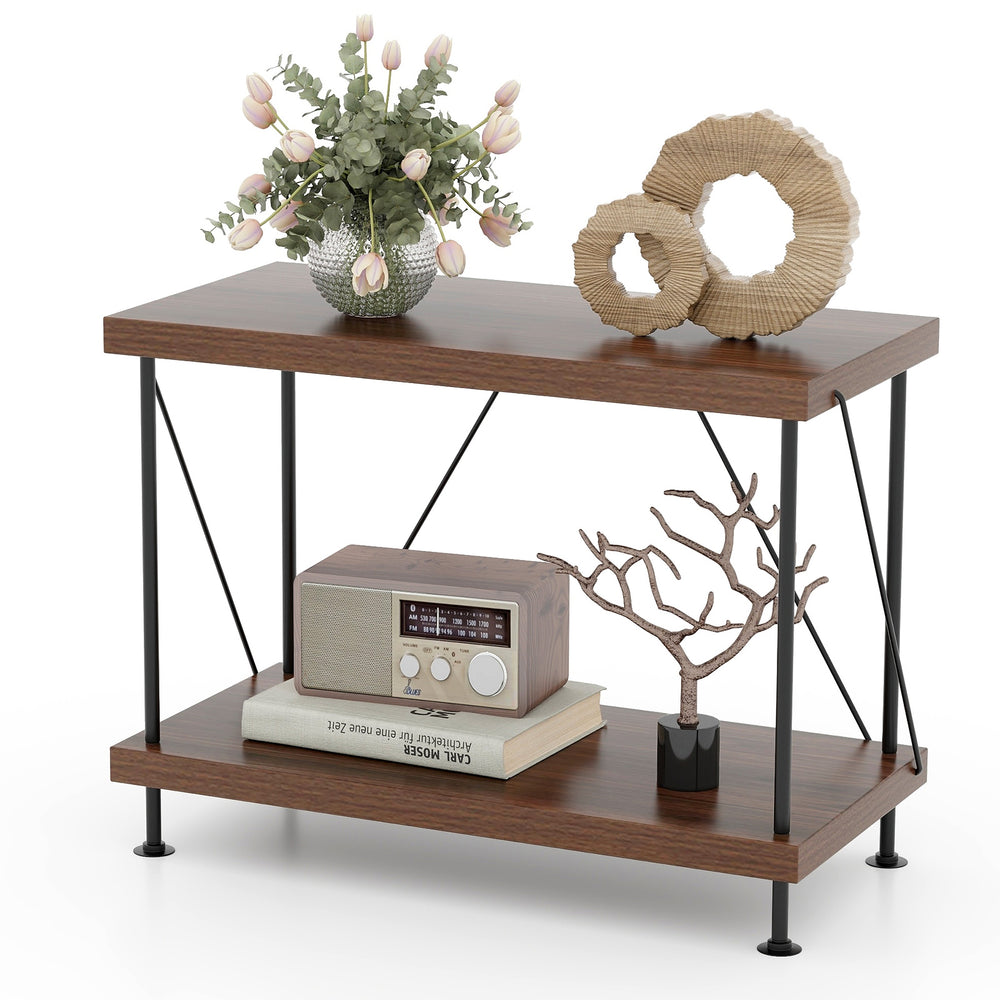 2-tier multipurpose display rack with a metal frame, featuring vintage design, suitable for books and ornaments in any.