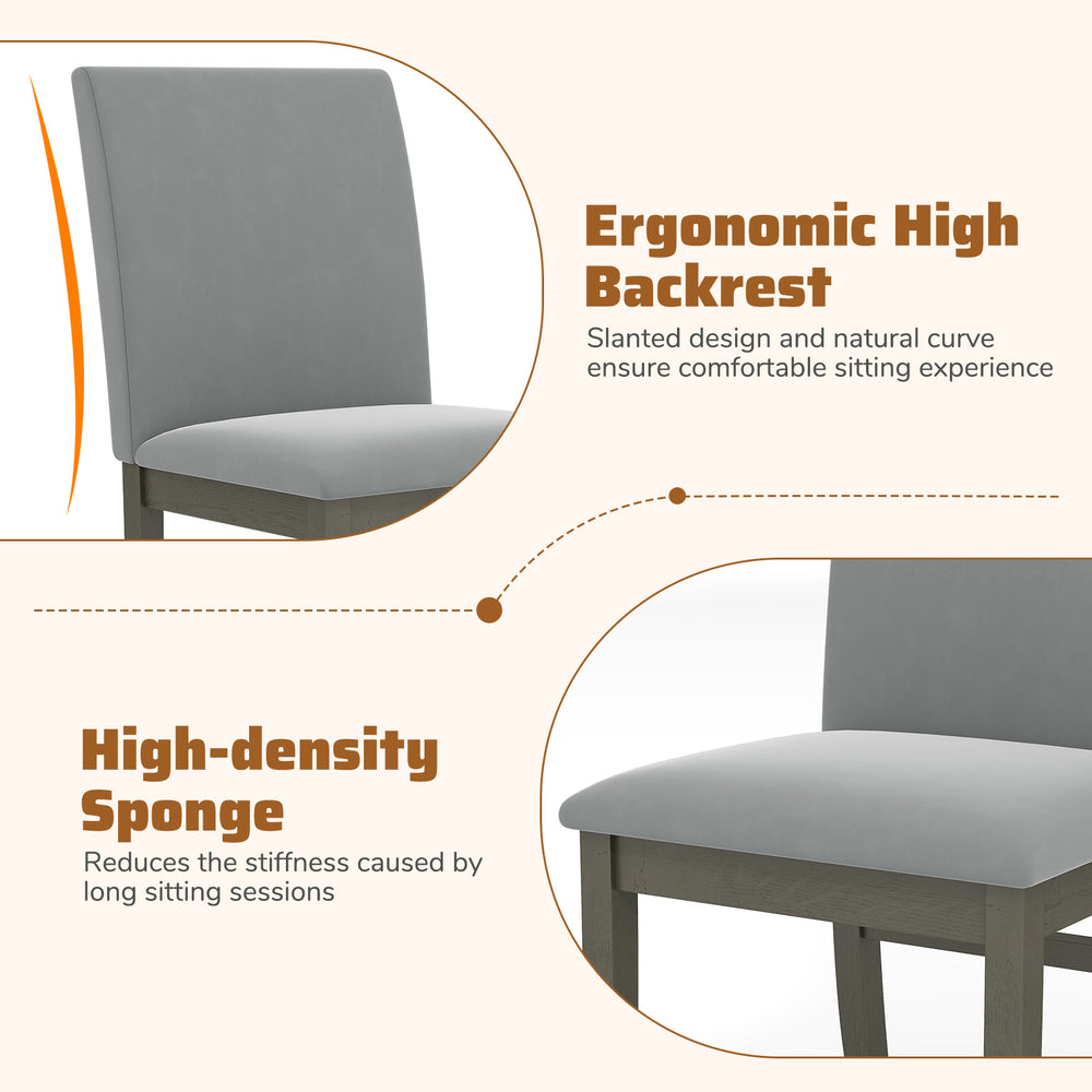 High-back upholstered dining chair in gray with rubber wood legs, featuring ergonomic design and high-density sponge.