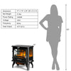 Freestanding electric fireplace heater in black with realistic flame effect, adjustable thermostat, and compact design.