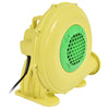 Yellow 480 W air blower pump fan with green grille, ideal for inflatable bounce houses and outdoor cleaning tasks.
