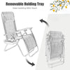 Folding lounge chair with removable holding tray in gray, featuring adjustable back and durable steel frame for outdoor.