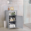 Gray bathroom wooden floor cabinet showcasing spacious interior with decorative items and towels for organized storage.