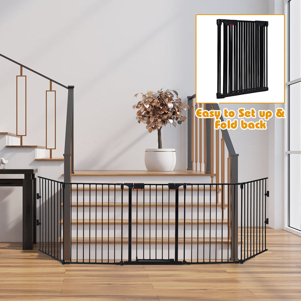 5-panel adjustable black fireplace fence with foldable design and safety lock, perfect as a portable playpen or baby.