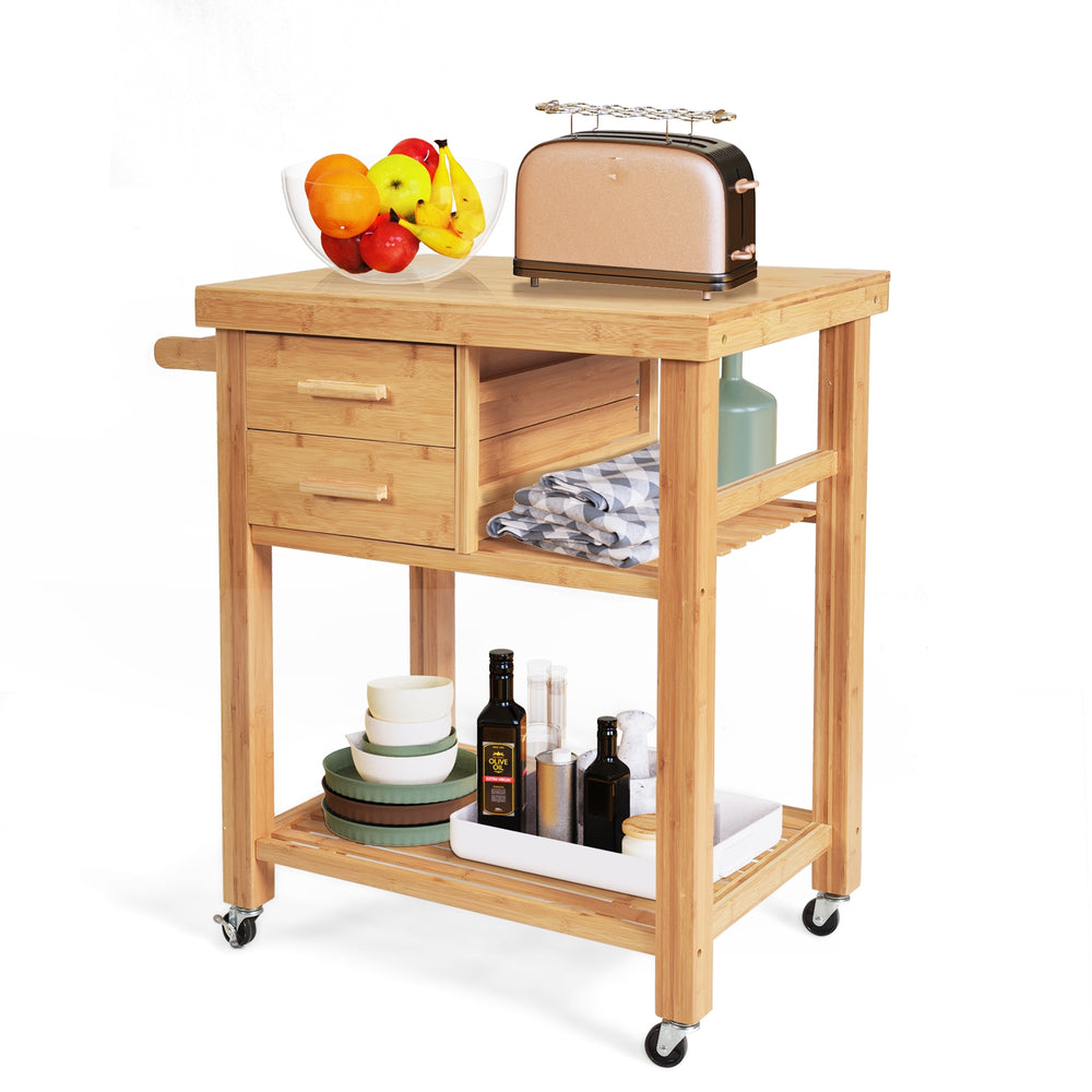 Bamboo kitchen trolley cart with countertop, two drawers, and open shelves for versatile storage and easy mobility.