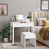 Vanity makeup dressing table set in white with flip-top mirror and cushioned stool, perfect for bedroom organization.