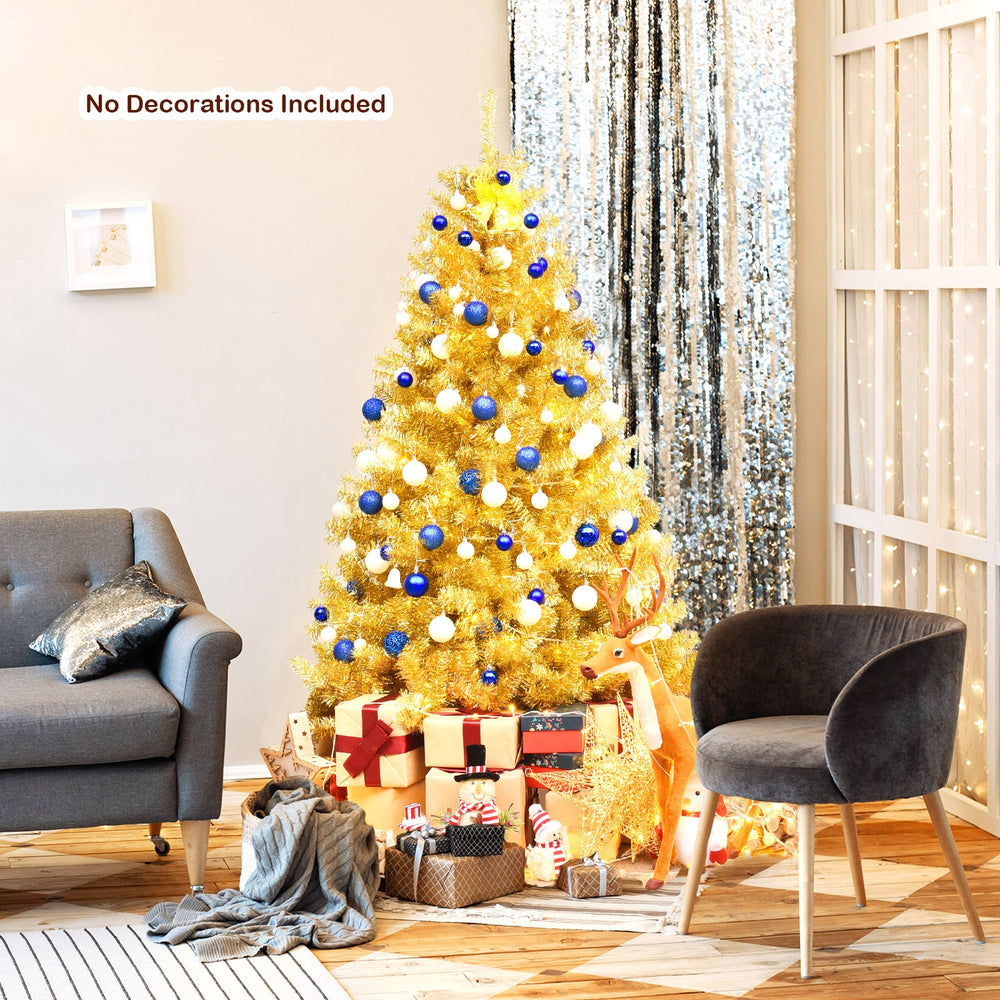 Champagne gold 6 ft artificial tinsel Christmas tree with a foldable stand, perfect for indoor holiday decoration.