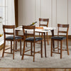 Counter height chair set featuring leather seats and rubber wood legs, designed for comfort and vintage style.