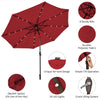 10' dark red solar LED lighted patio umbrella with tilt adjustment and crank lift, ideal for outdoor shading and.