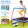 Kids 36" square trampoline with foamed handrail, safety cover, and anti-slip footpads for indoor and outdoor fun.