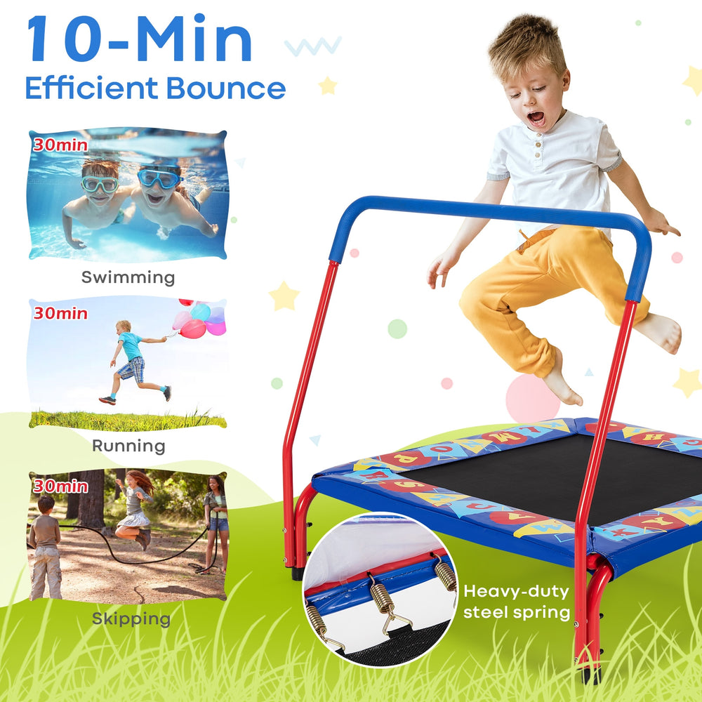 Kids 36" square trampoline with foamed handrail, safety cover, and anti-slip footpads for indoor and outdoor fun.
