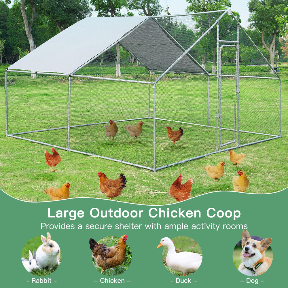 Large outdoor chicken coop with waterproof cover, featuring a secure enclosure for chickens, rabbits, and ducks.