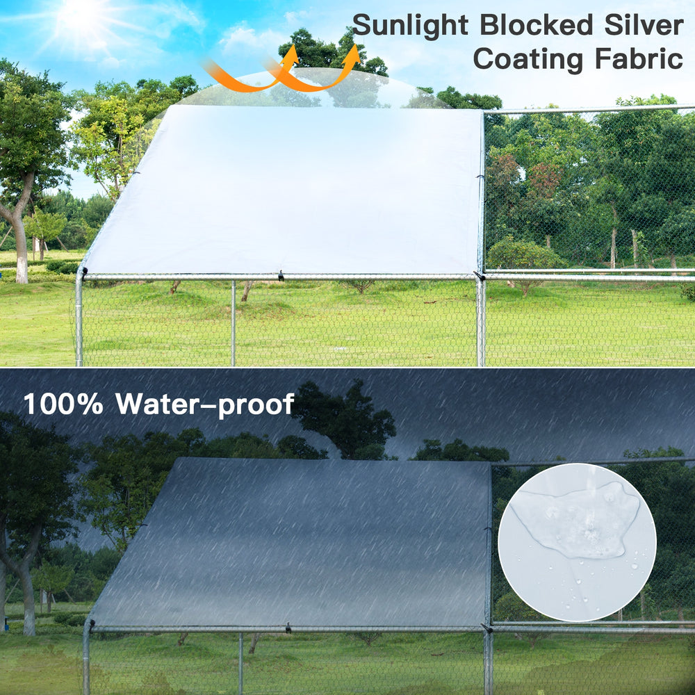 Large walk-in chicken coop with waterproof roof cover, featuring galvanized frame and PVC coated mesh for safety.