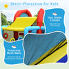 Inflatable jumping castle with sun shade canopy and protective mesh walls for safe, cool play for kids.