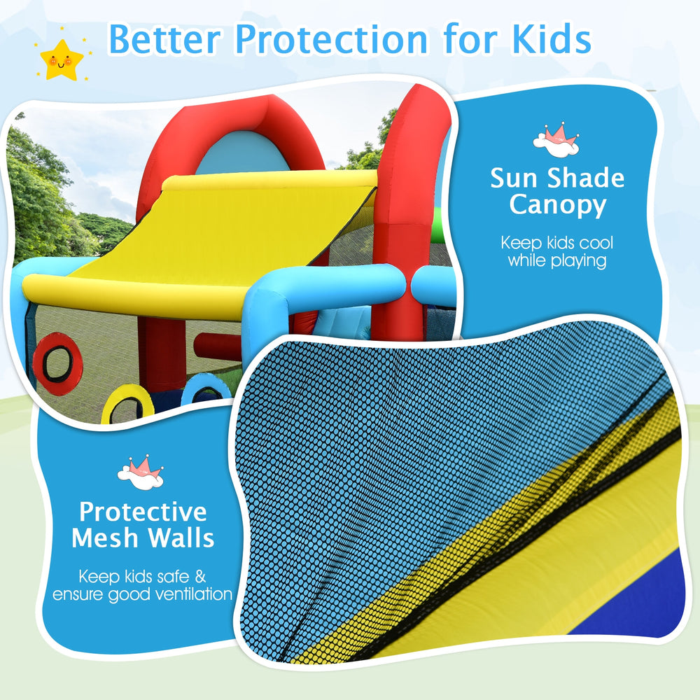 Inflatable jumping castle with sun shade canopy and protective mesh walls for safe, cool play for kids.