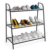 3-tier metal display rack showcasing various shoes, featuring a sturdy steel frame and space-saving design for.