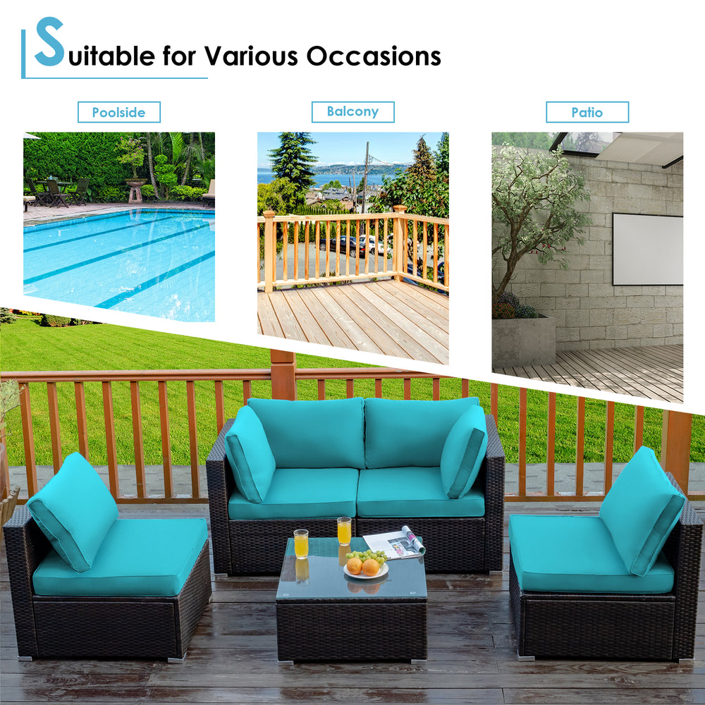5-piece cushioned patio rattan furniture set in turquoise with a glass table, ideal for poolside or balcony use.