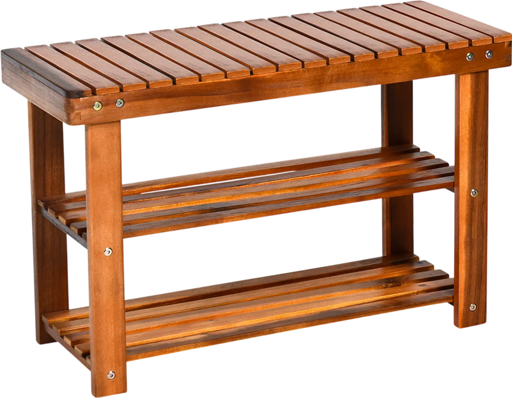Freestanding Wood Bench with 3-Tier Storage Shelves