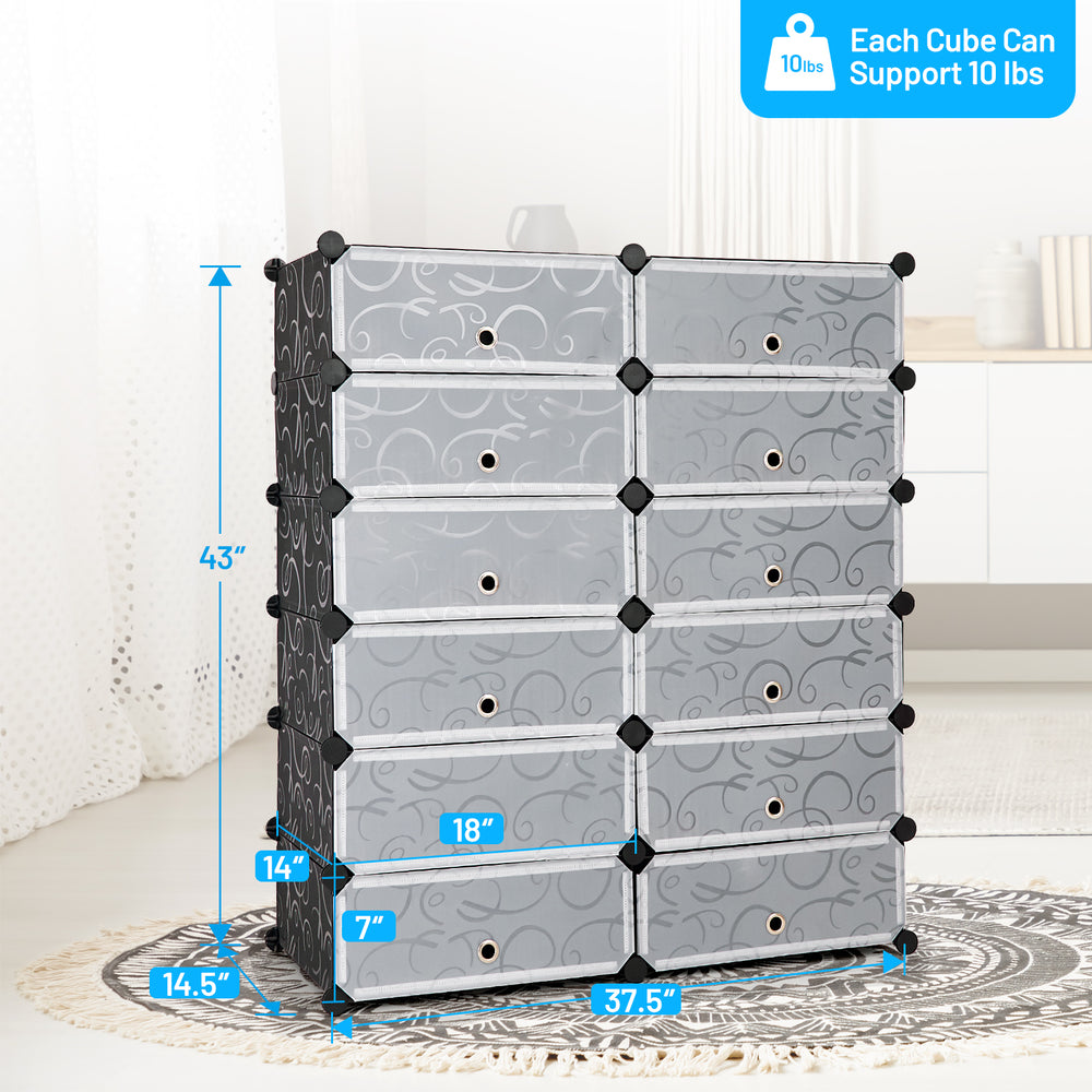 12-cube portable plastic shoe rack with transparent doors, made of waterproof PP material, ideal for stylish home.