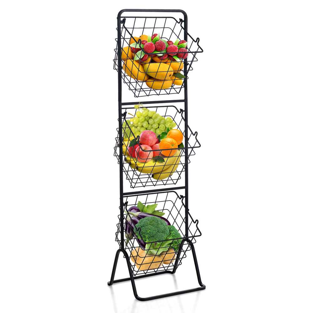 3-tier fruit basket stand with adjustable heights, featuring removable wire baskets for organizing fruits and.
