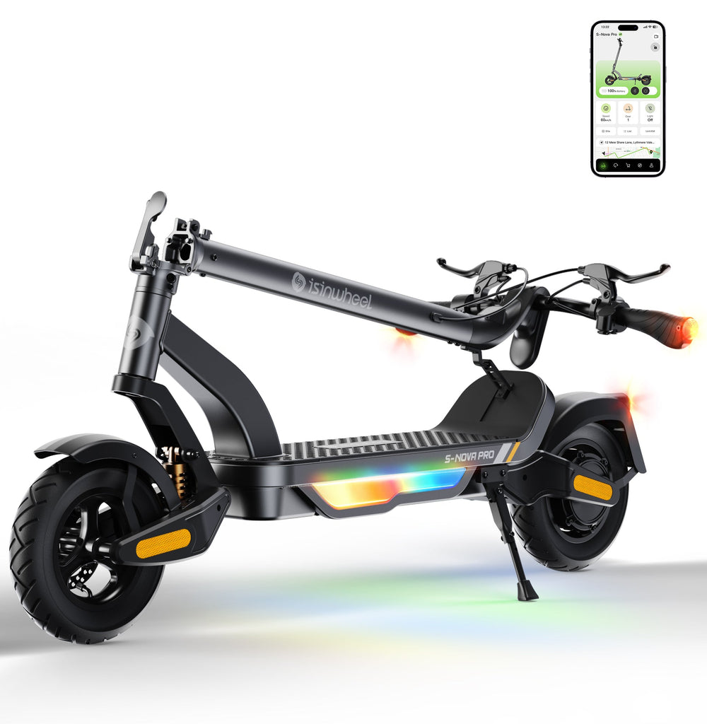 S Nova Pro Commuting Electric Scooter folded (Gray) with app display