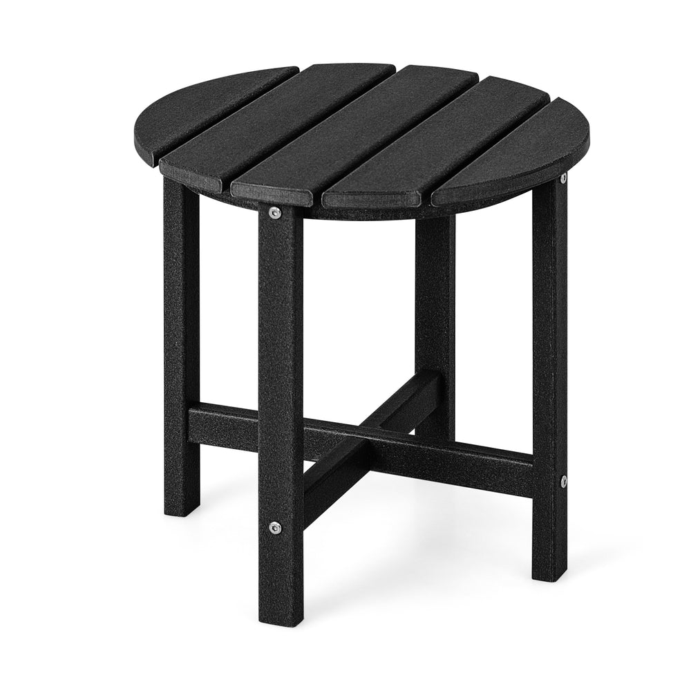Single 18-inch round black Adirondack side table with reinforced X-shaped structure, weather-resistant and easy to.