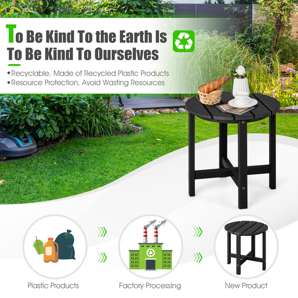 Black 18-inch round weather-resistant Adirondack side table, made of HDPE, perfect for outdoor use and easy maintenance.