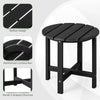 Round black Adirondack side table with slatted design, weather-resistant HDPE material, and reinforced X-shaped.