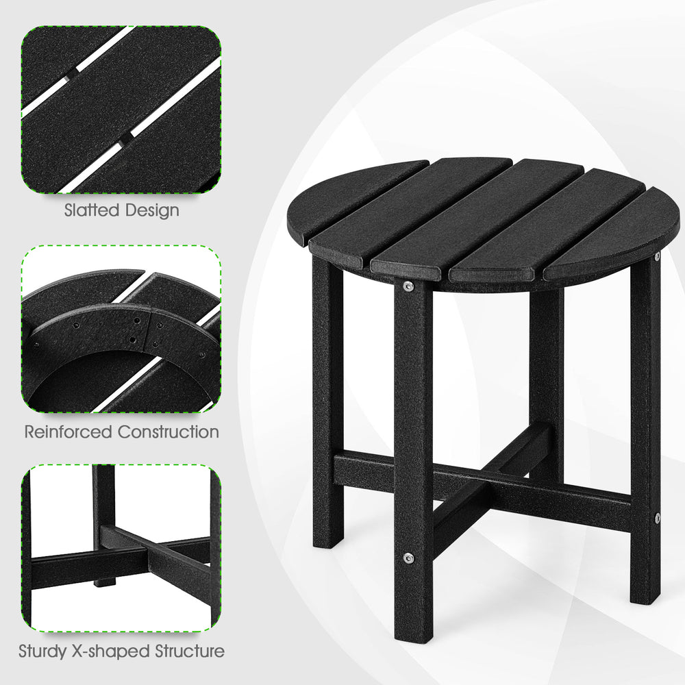 Round black Adirondack side table with slatted design, weather-resistant HDPE material, and reinforced X-shaped.
