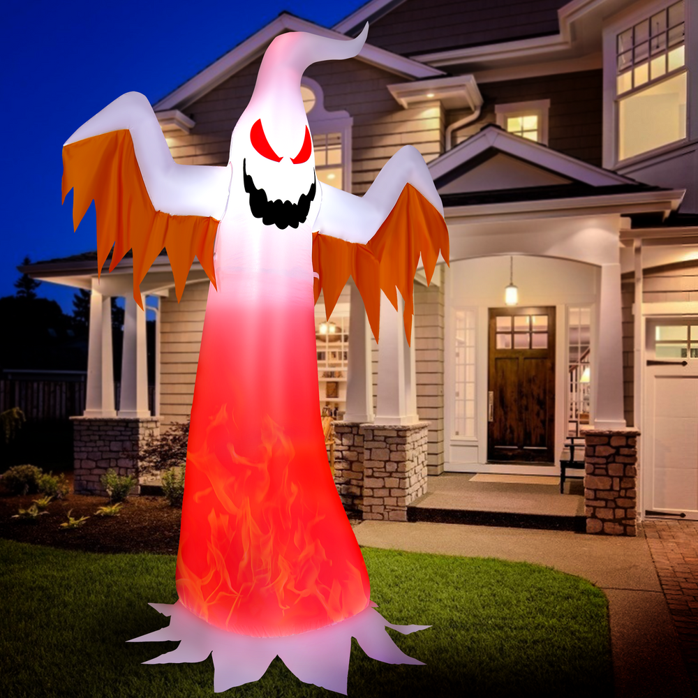 8-foot Halloween inflatable ghost with rotatable flame LED lights, perfect for creating a spooky outdoor atmosphere.