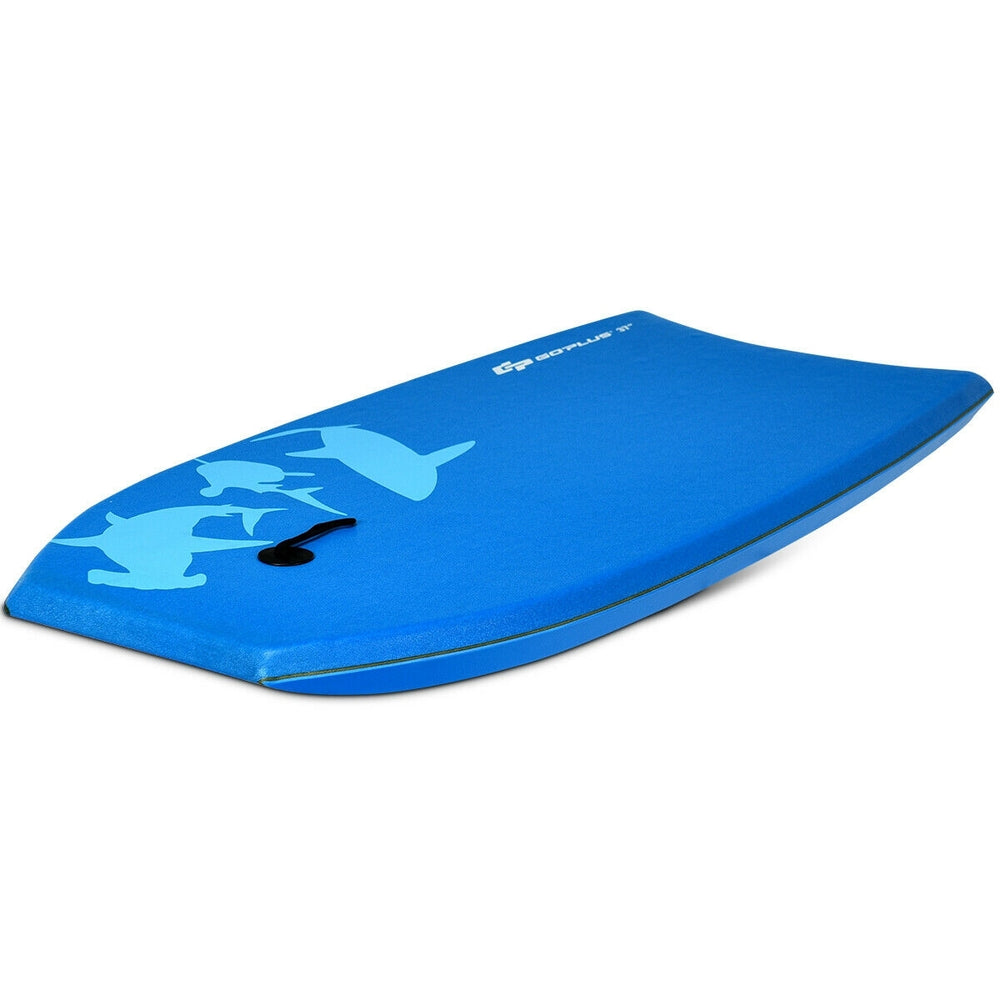 Lightweight blue bodyboard with EPS core and crescent tail, ideal for surfing at the beach or water park.