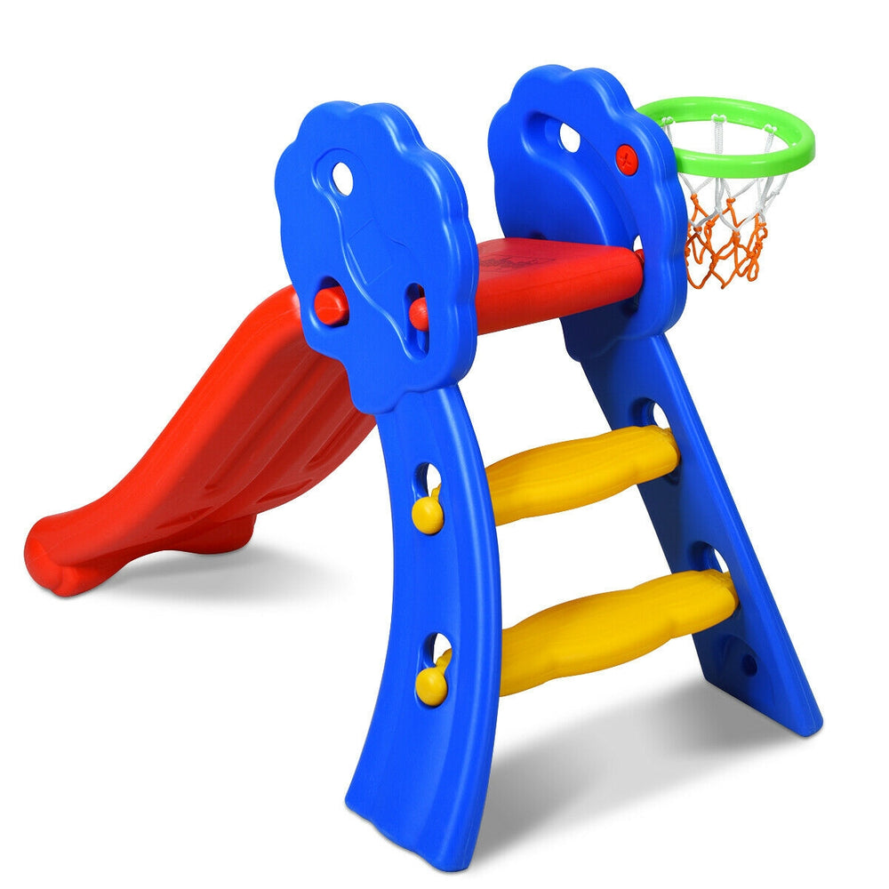 Colorful 2-step indoor kids plastic slide with basketball hoop, designed for safety and physical development.