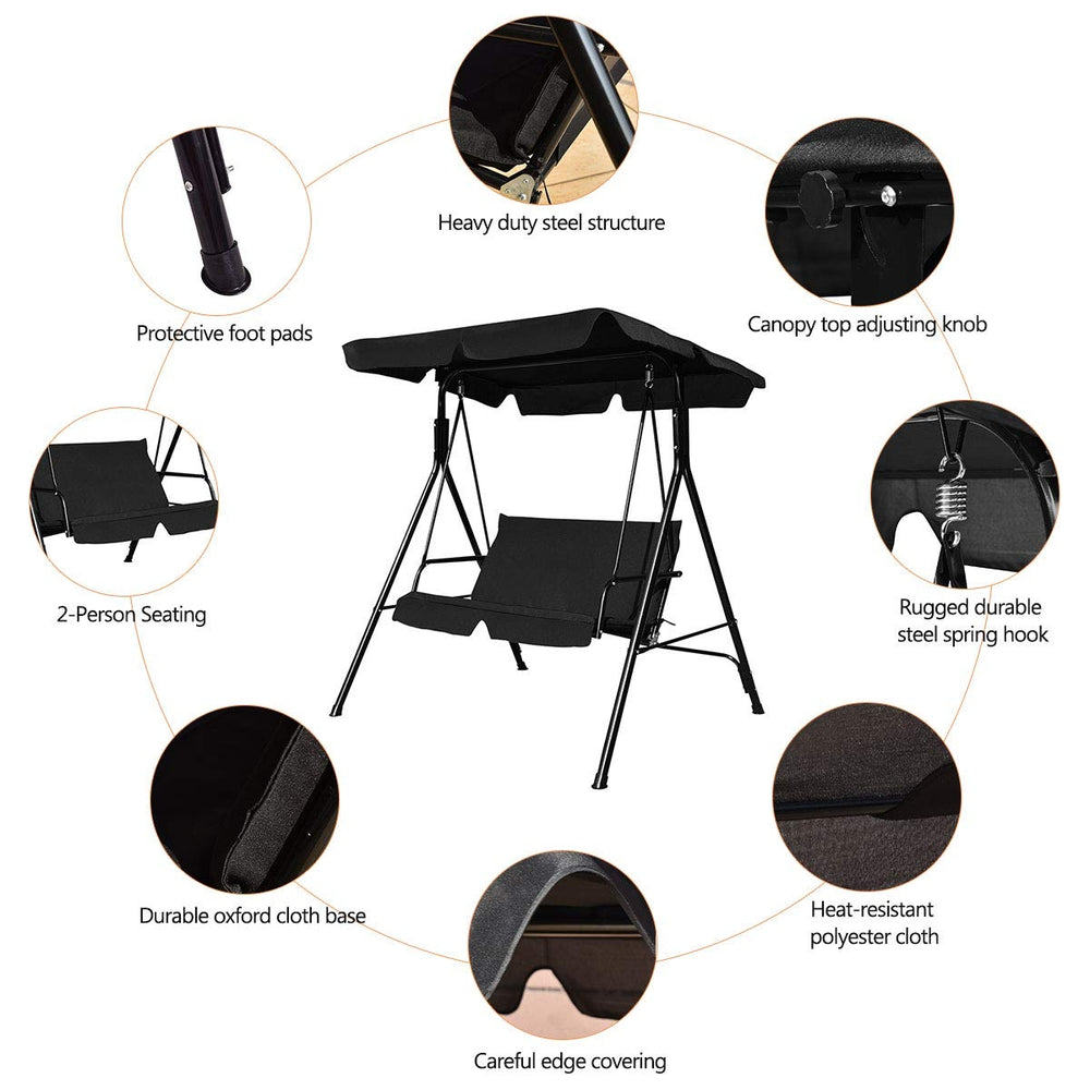 Black loveseat cushioned patio swing glider with waterproof canopy, durable steel frame, and two comfortable seats.