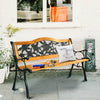 Garden bench chair with wooden seat and iron armrests, designed for outdoor use, comfortably seats three adults.