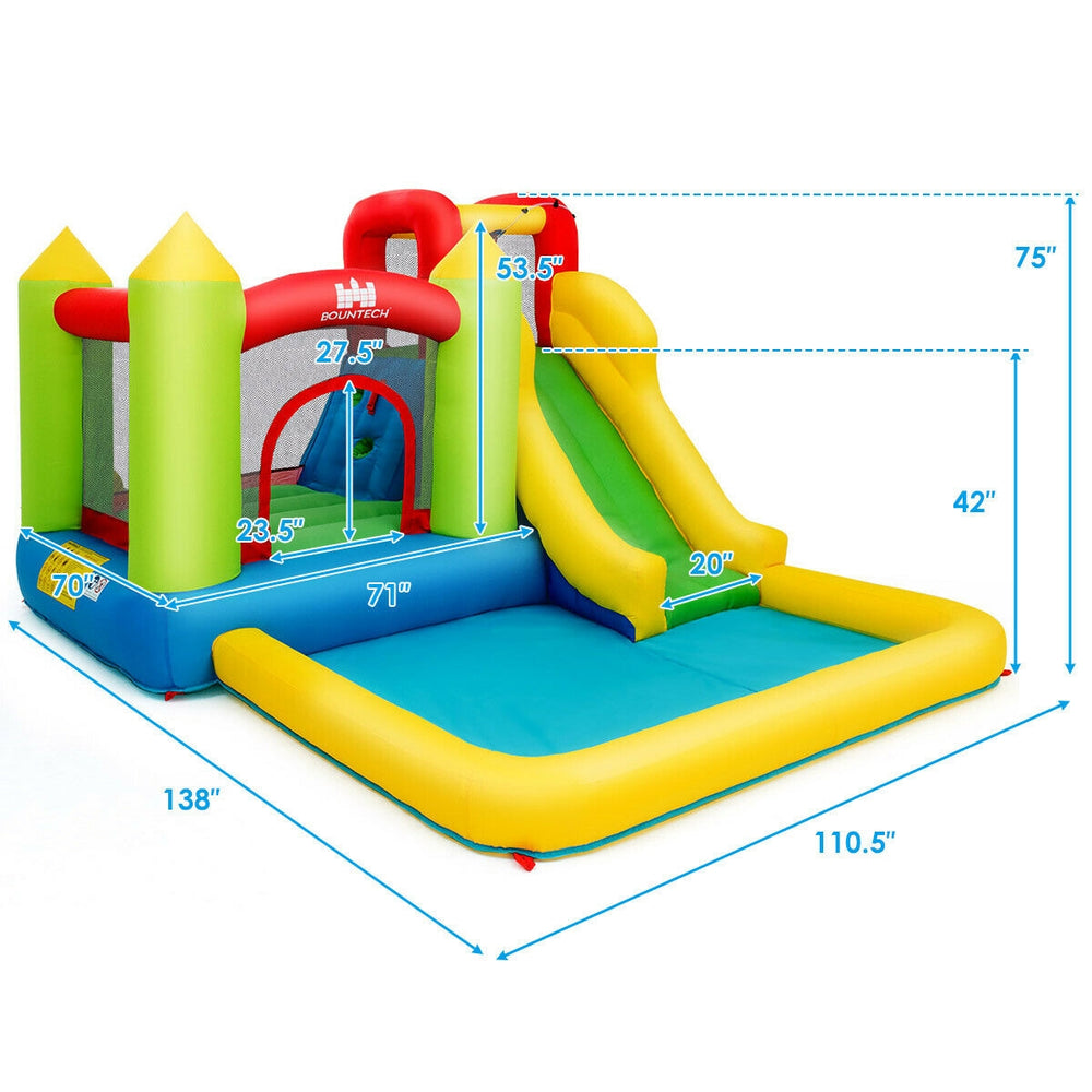 Inflatable bounce house water slide with bright colors, mesh walls, and multiple play areas for outdoor fun.