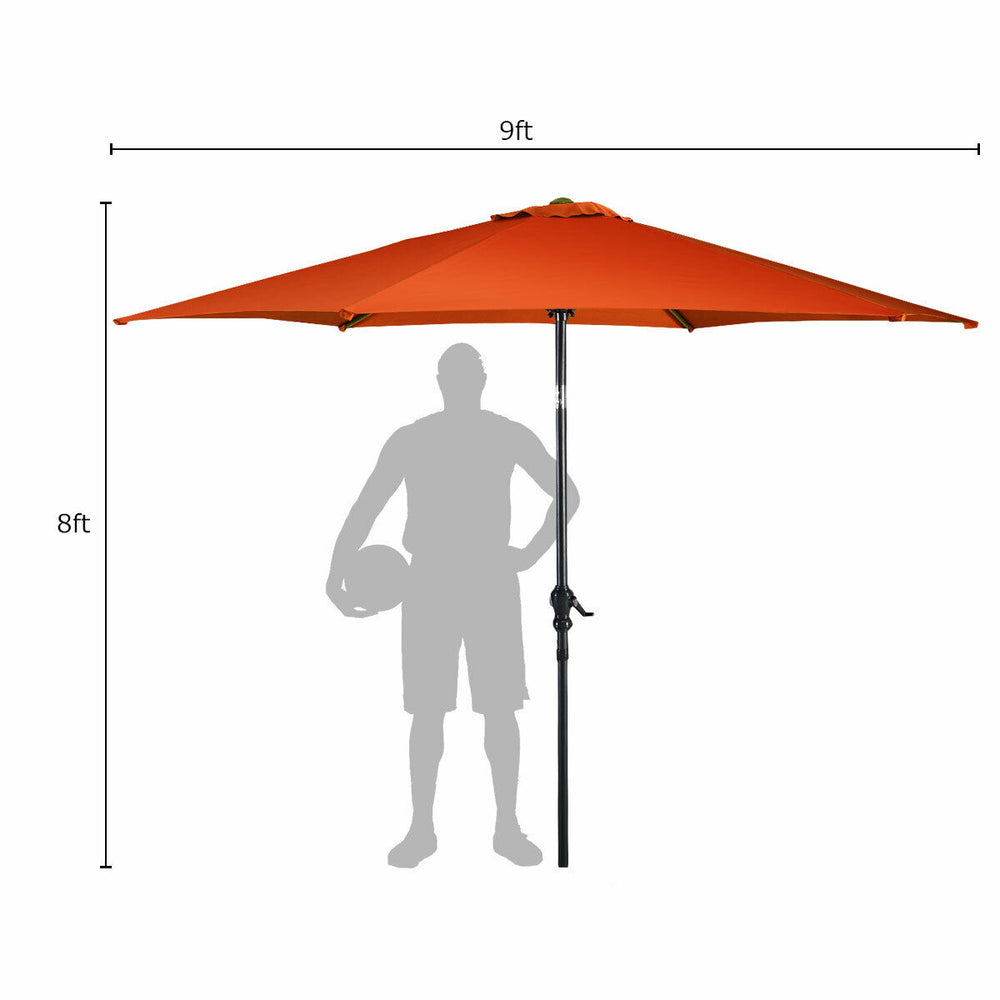 9 ft orange patio umbrella with crank, featuring a hexagonal shape and sturdy steel ribs for sun and rain protection.